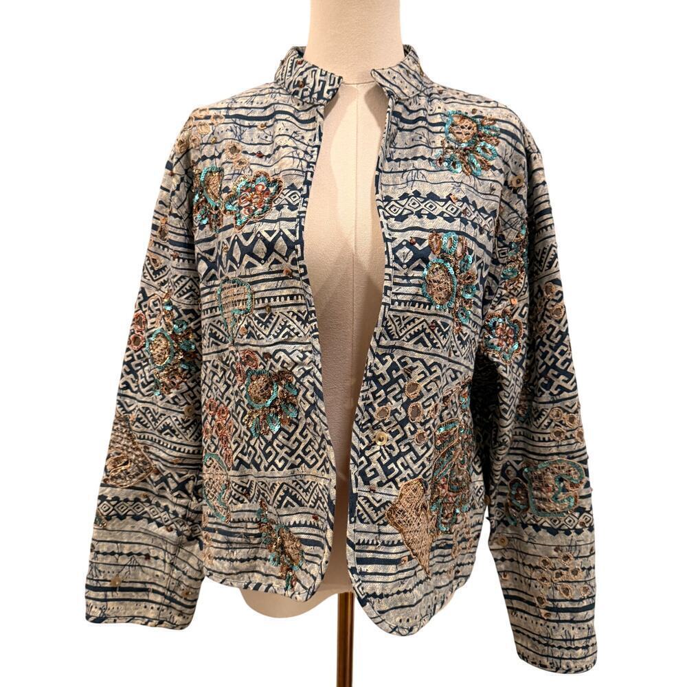 Chico’s Embroidered Sequin Jacket Blue Boho Tribal Linen Cotton Women 2 Large